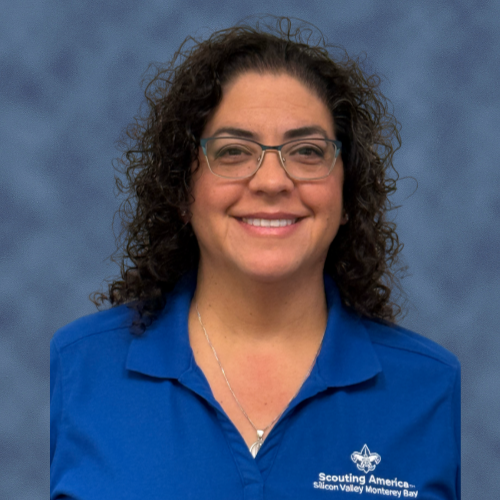 A person wearing a blue shirt with "Scouting America Silicon Valley Monterey Bay" printed on it.